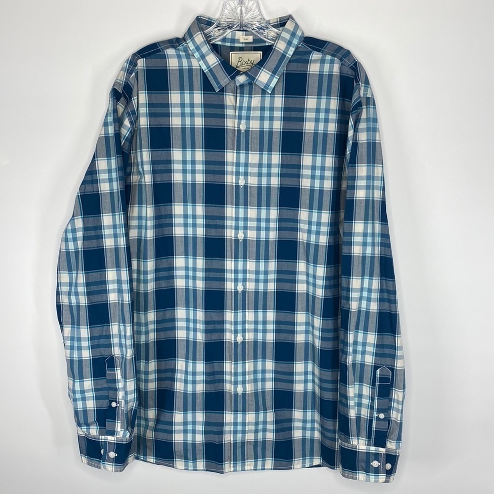 Bixby Nomad Slim Fit Blue Plaid Long Sleeve Button Up Shirt Size XL